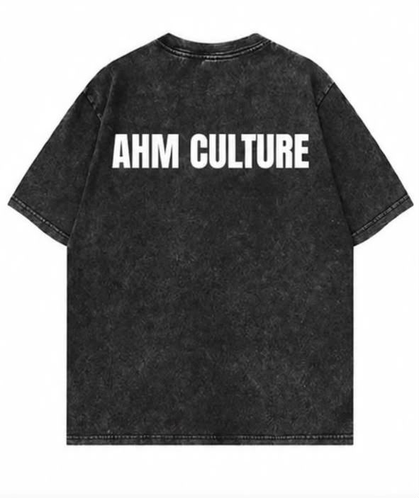 AHM Culture washed black oversized tee with white back print
